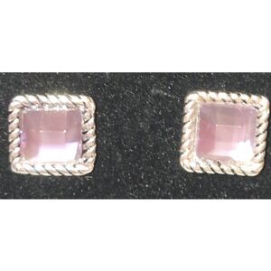 Square‎ Purple Gem Stud Earrings Silver Tone Twisted Rope Border Women